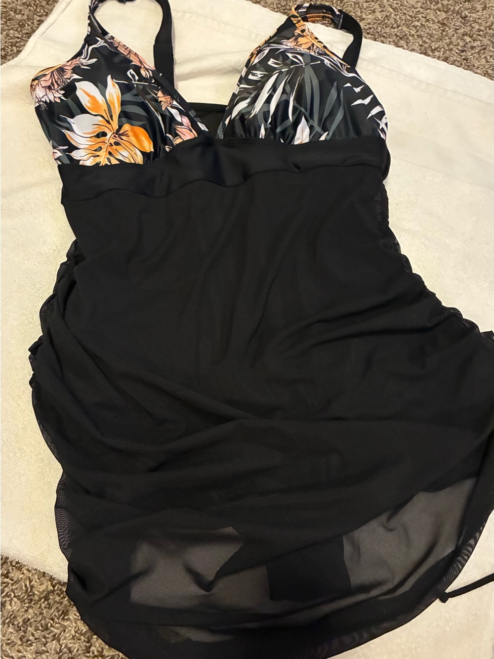 Black Floral Tankini Swim Dress with Orange Accent